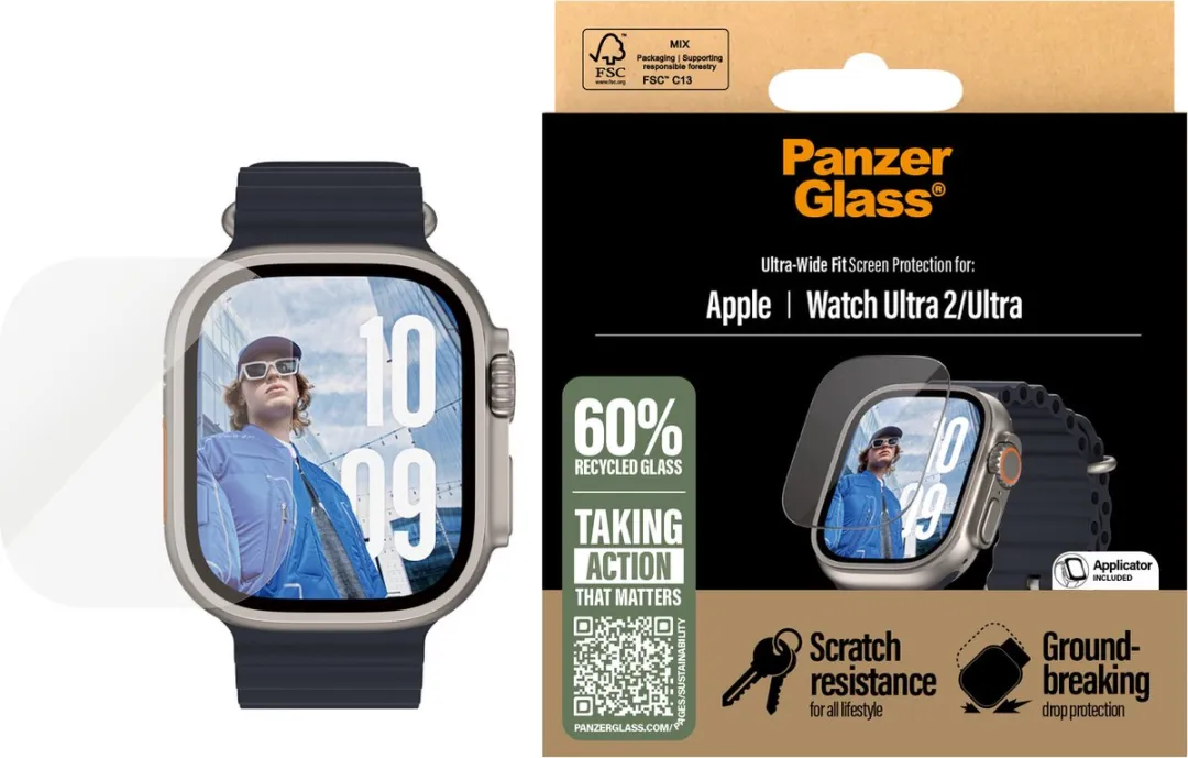 PanzerGlass Ultra Wide Fit Apple Watch Ultra Screenprotector 49mm - Transparant