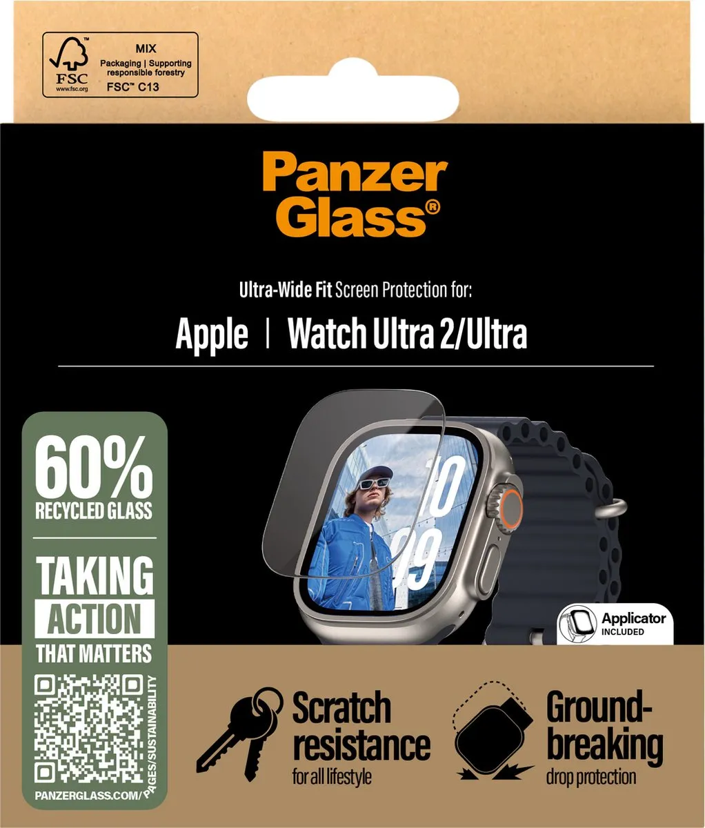 PanzerGlass Ultra Wide Fit Apple Watch Ultra Screenprotector 49mm - Transparant