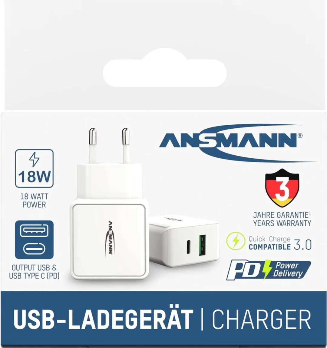 Ansmann HomeCharger HC218PD USB Oplader - 18W - USB-A & USB-C - Wit