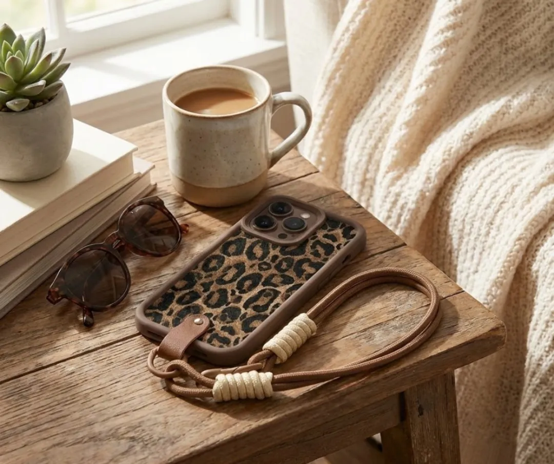 NUVEX iPhone 13 Hoesje Bruin Luipaard Print - met Koord
