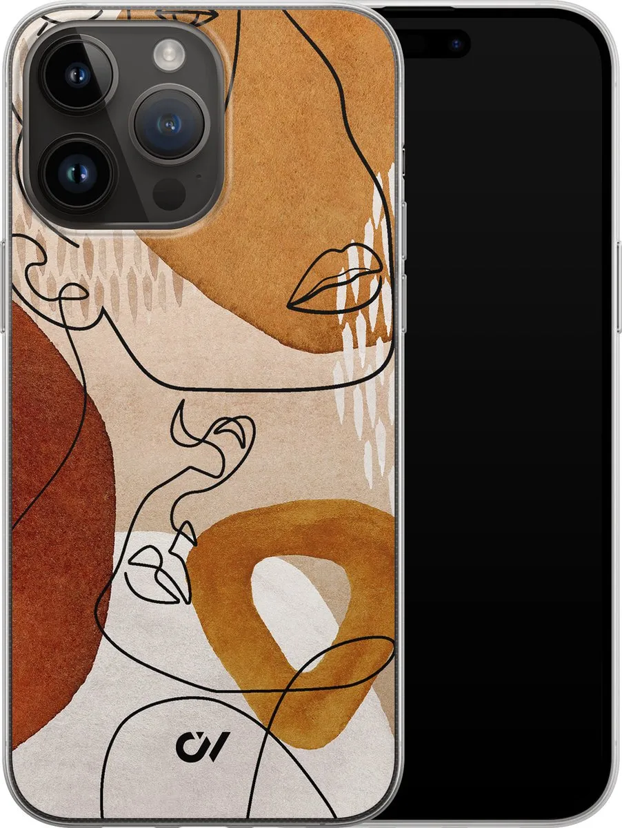Casevibes iPhone 14 Pro Max Hoesje - Abstract Shape Faces - Bruin
