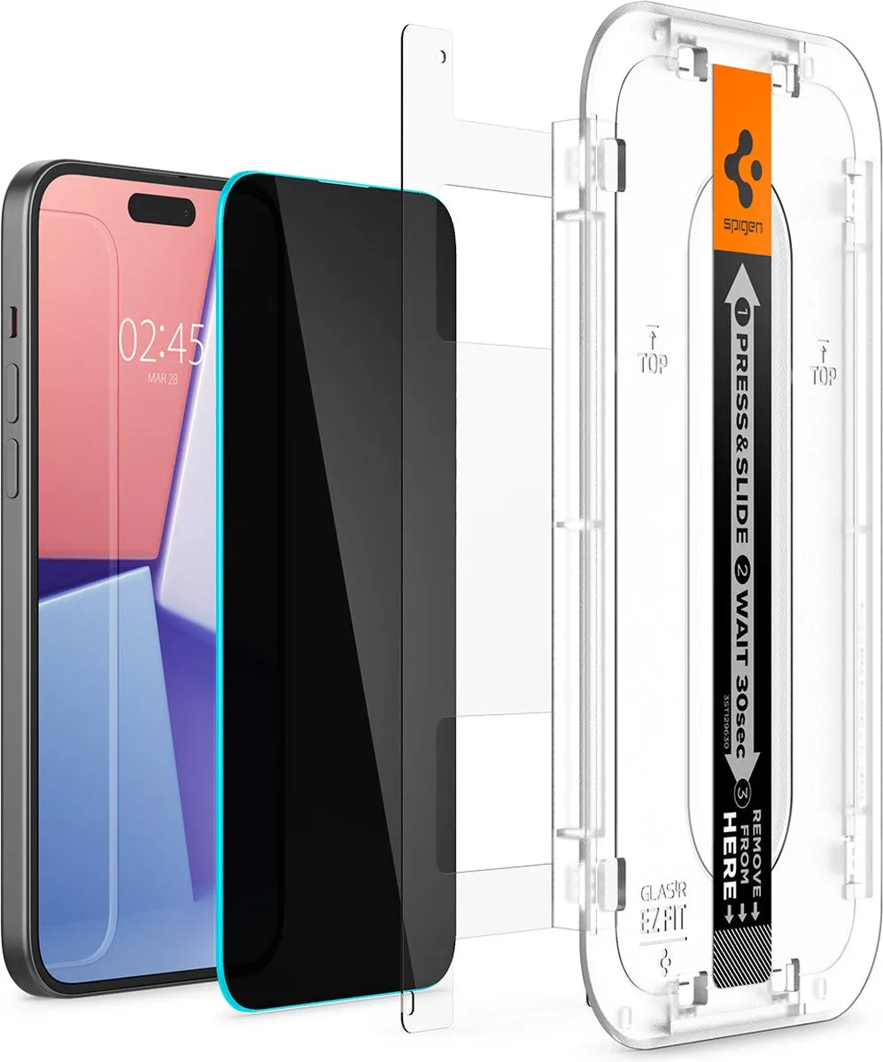 Spigen EZ Fit Glas.tR iPhone 16/15 Plus Privacyglas - 2 Stuks - afbeelding 6 van 6