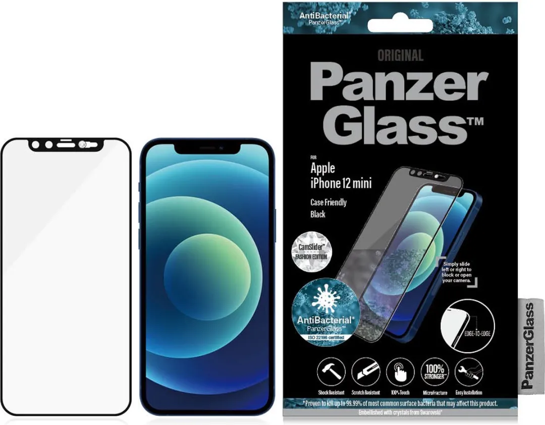 PanzerGlass E2E iPhone Hoes - Swarovski Crystal - Microfractuur Antibacterieel Glas - Zwart
