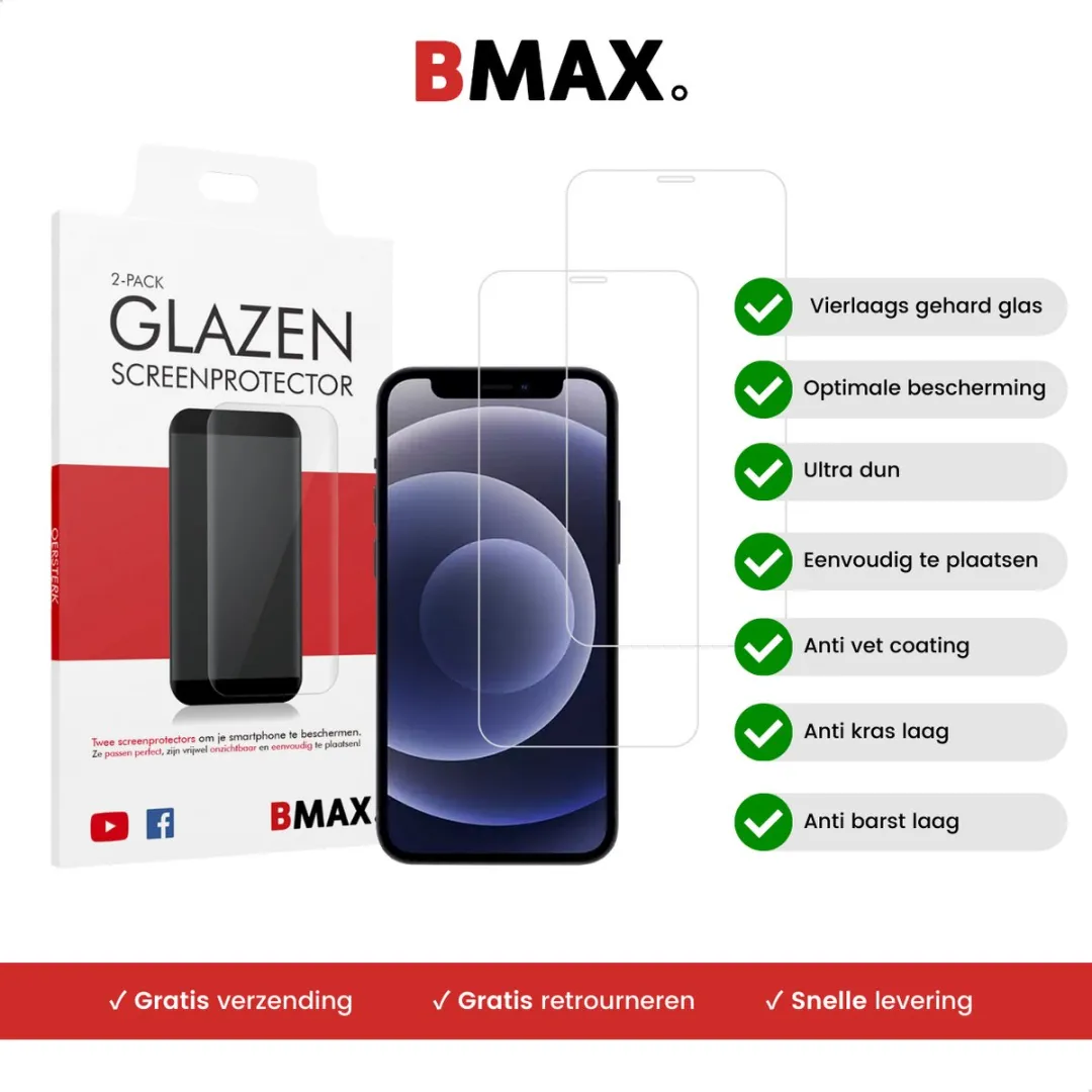 BMAX iPhone 12 Screenprotector 2 Stuks - Tempered Glas