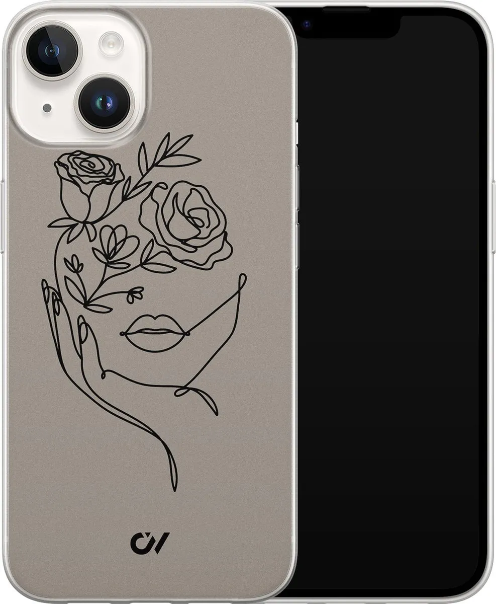 Casevibes Hoesje iPhone 14 Oneline Face Flower - Grijs - A/14/UV/059