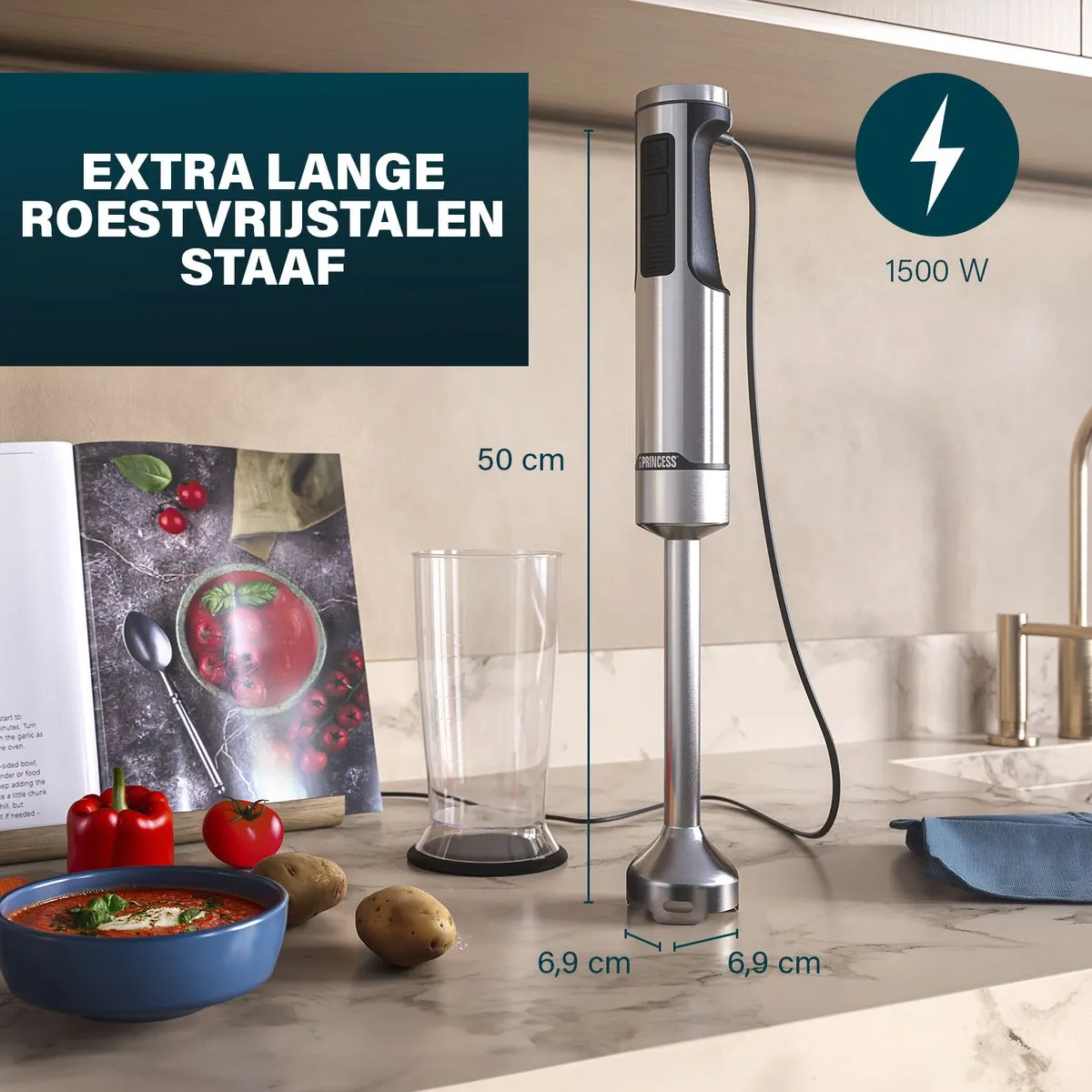 Princess 221233 Staafmixer Prof XXL - 1500W - 4-bladig - 0,8L - Zilver