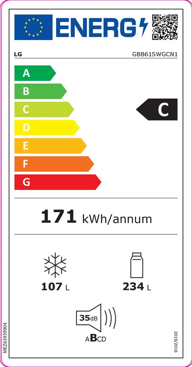 LG GBB61SWGCN1 Koel-vriescombinatie 341L - 234L koel + 107L vries