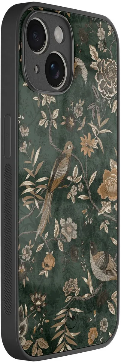 Casevibes iPhone 14 Hoesje Khaki Golden Flowers - Groen