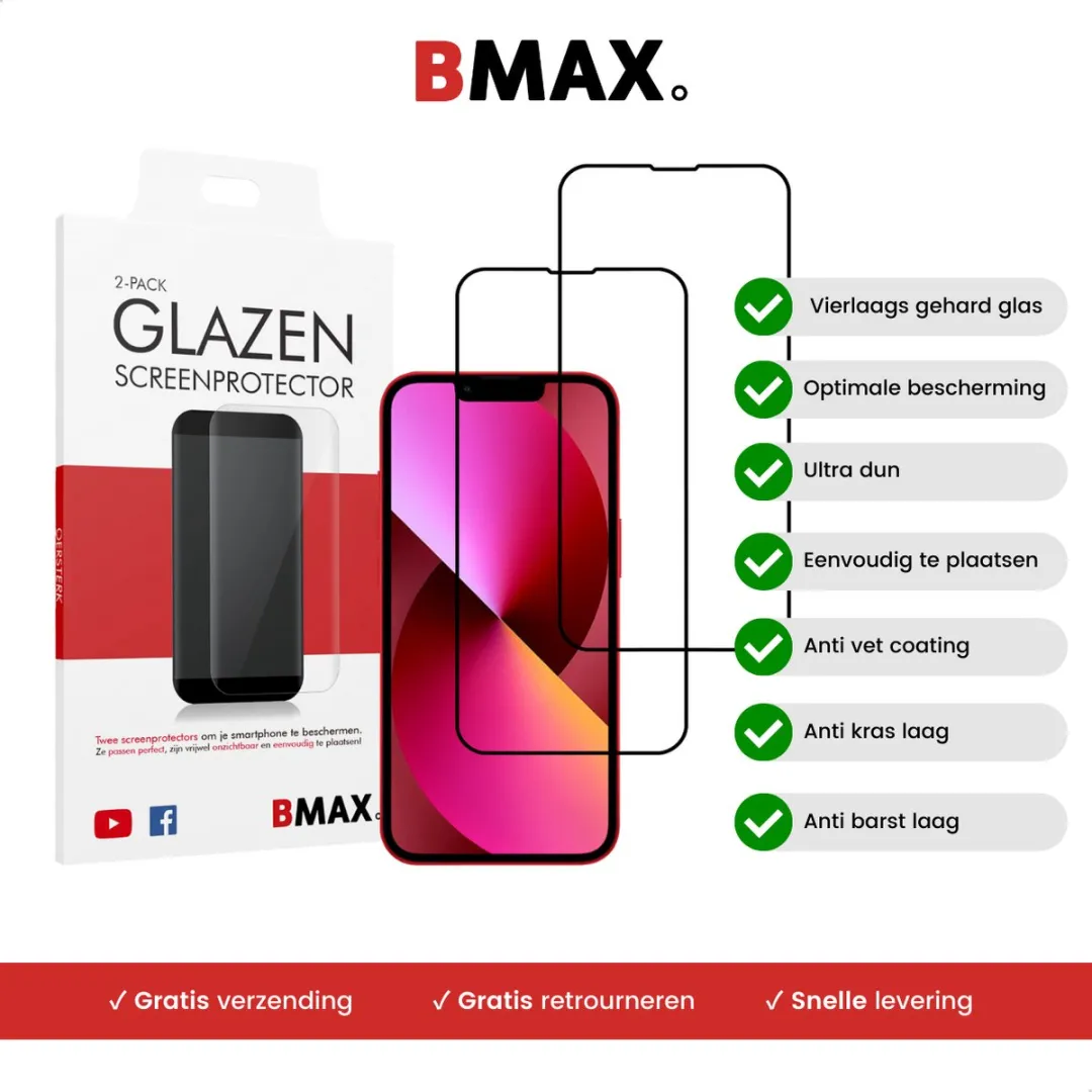 BMAX iPhone 13 Screenprotector 2 Stuks - Full Cover Zwart