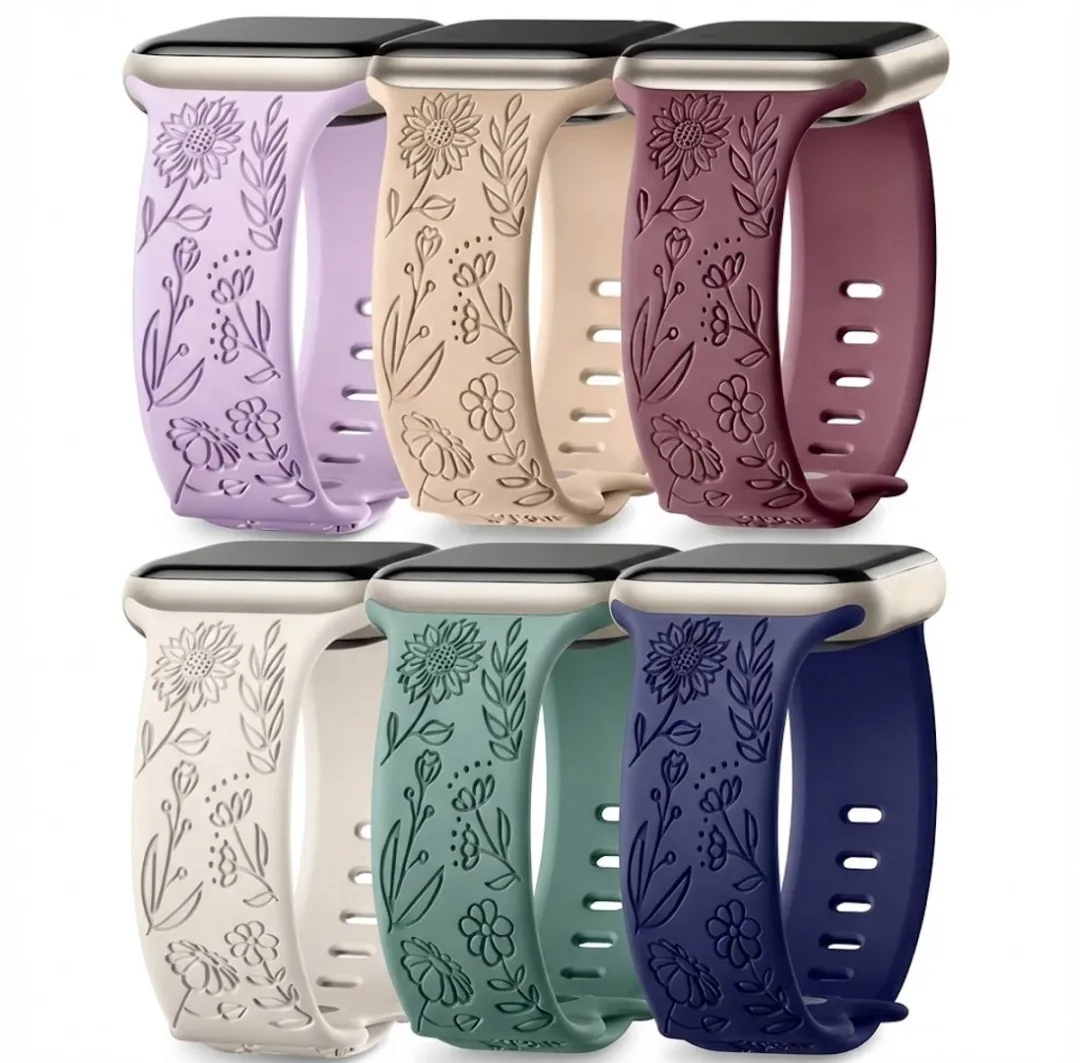 NUVEX Apple Watch Bandjes Set 6 Stuks - 38-42mm - Bloemen Gravure - Siliconen