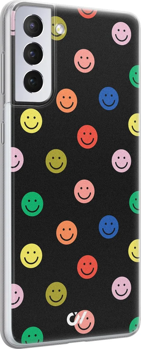 Casevibes Samsung Galaxy S21+ Hoesje - Retro Smileys - Zwart