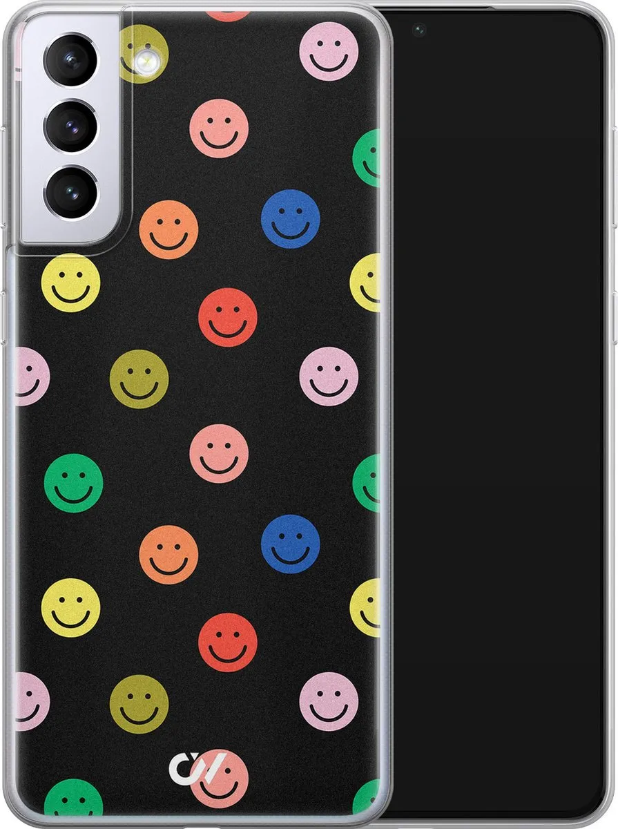 Casevibes Samsung Galaxy S21+ Hoesje - Retro Smileys - Zwart