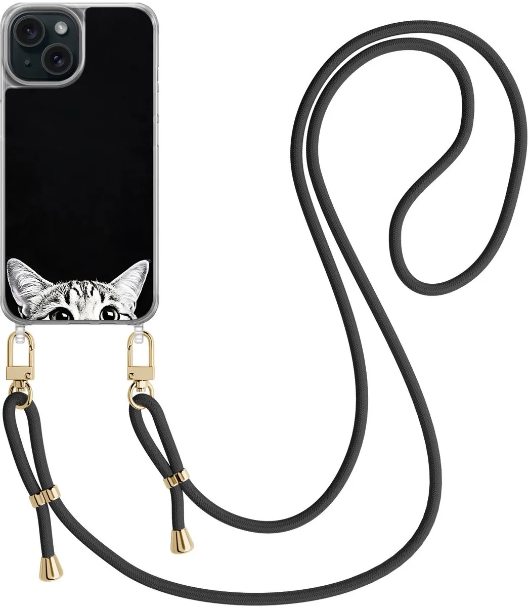 Casevibes iPhone 15 Telefoonhoesje - Kat Kiekeboe Print - Zwart