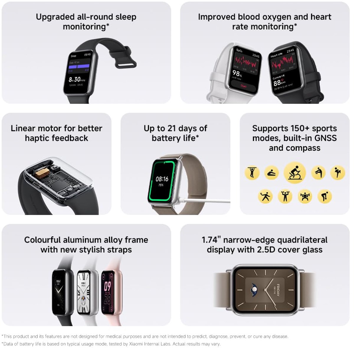 XIAOMI Smart Band 9 Pro Activity Tracker sportfitnesstracker, hardloophorloge, 1,74 inch smal vierkant scherm, batterijduur van 21 dagen, verbeterde slaaptracking, 5ATM GPS, compatibel met Android en iOS, Moonlight Silver