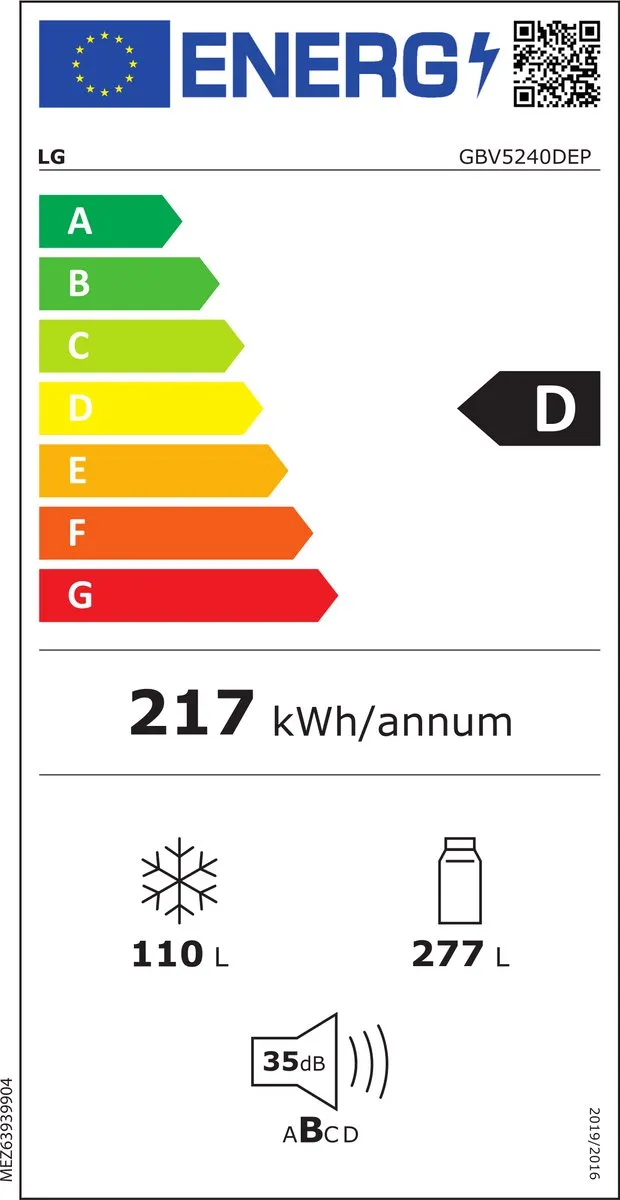 LG GBV5240DEP Koelvriescombinatie Vrijstaand 387L - Zwart