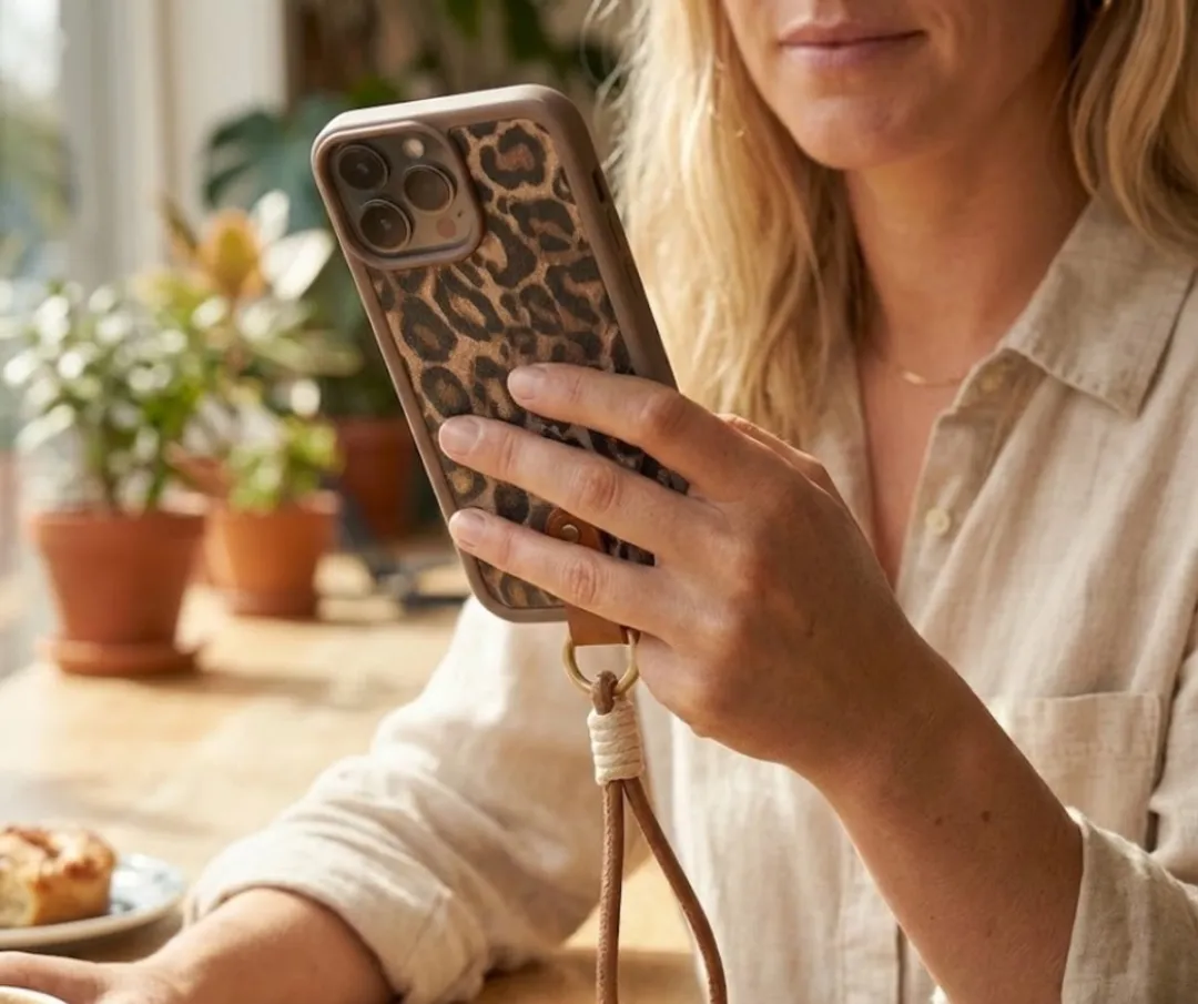 NUVEX iPhone 14 Plus Hoesje Bruin Luipaard Print - met Koord