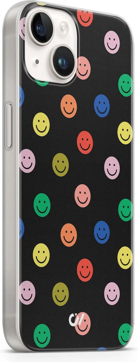 Casevibes Hoesje iPhone 14 Retro Smileys - Zwart A/14/UV/054
