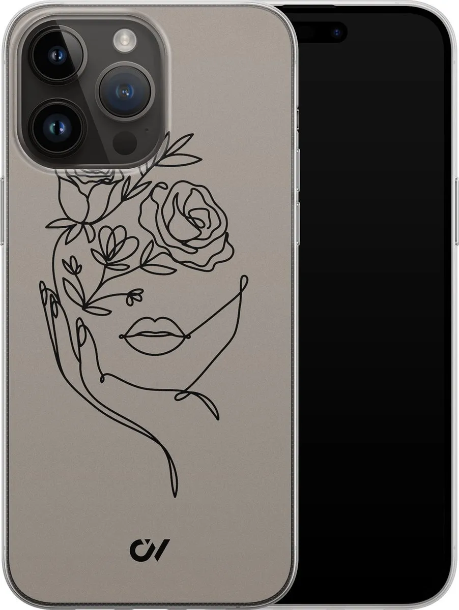 Casevibes iPhone 14 Pro Max Hoesje Oneline Face Flower - Grijs