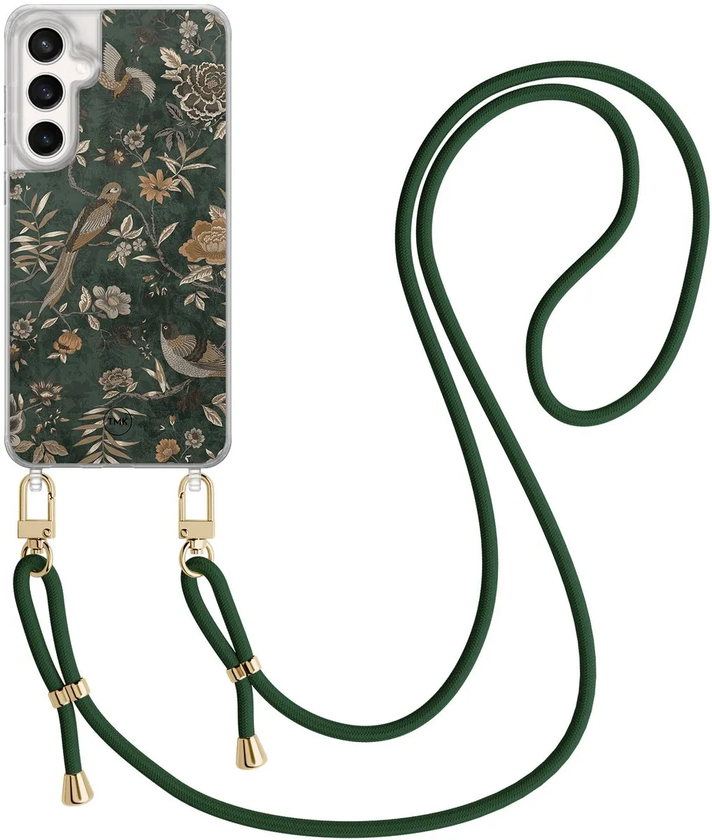 Casevibes S24 FE Telefoonhoesje - Khaki Golden Flowers - Groen Koord
