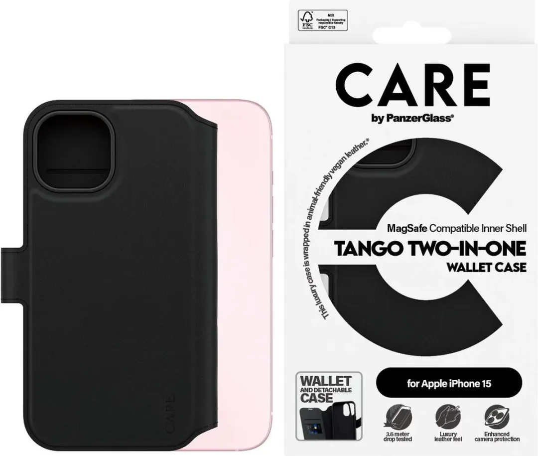 PanzerGlass CARE Feature Case Tango Two-in-One Wallet - iPhone 15 - Zwart