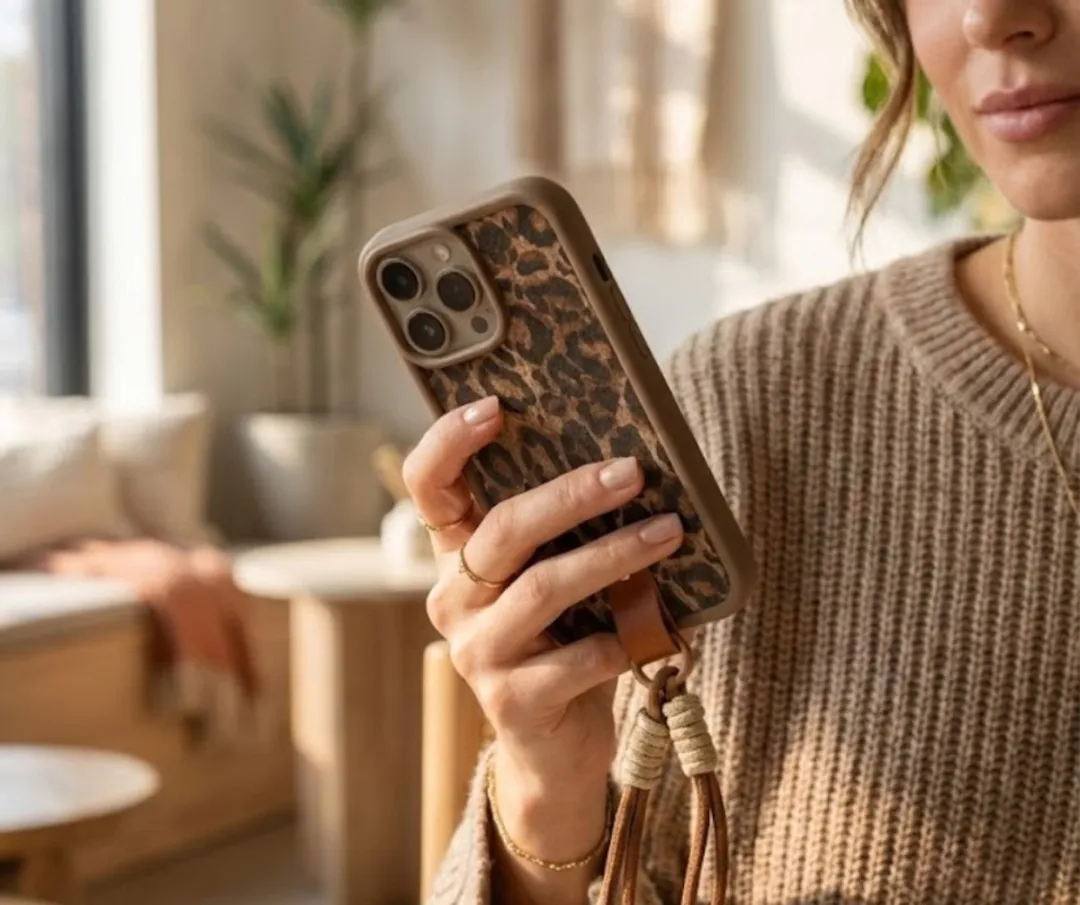 NUVEX iPhone 16 Pro Max Hoesje - Bruin Luipaard Print - Met Koord