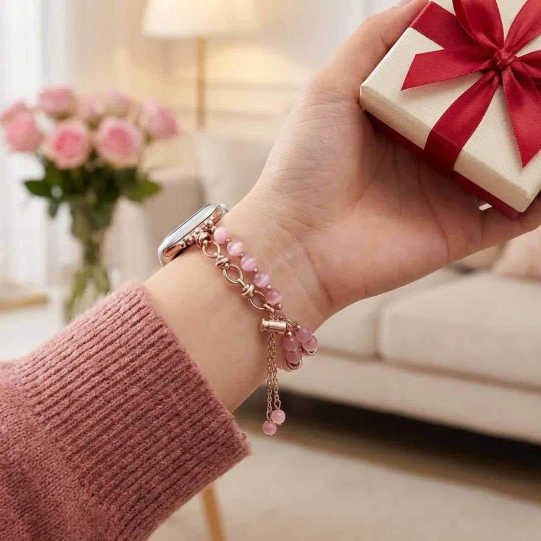 NUVEX Roségoud Apple Watch Horlogebandje 38/40/41mm - Roze Kattenoogsteen