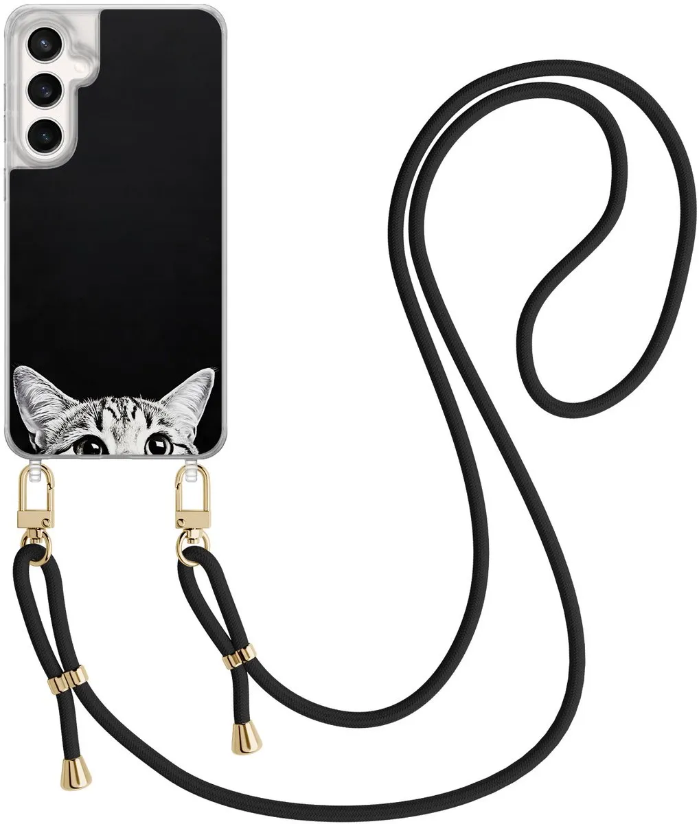 Casevibes S24 FE Telefoonhoesje - Zwart - Kat Kiekeboe Print - Crossbody