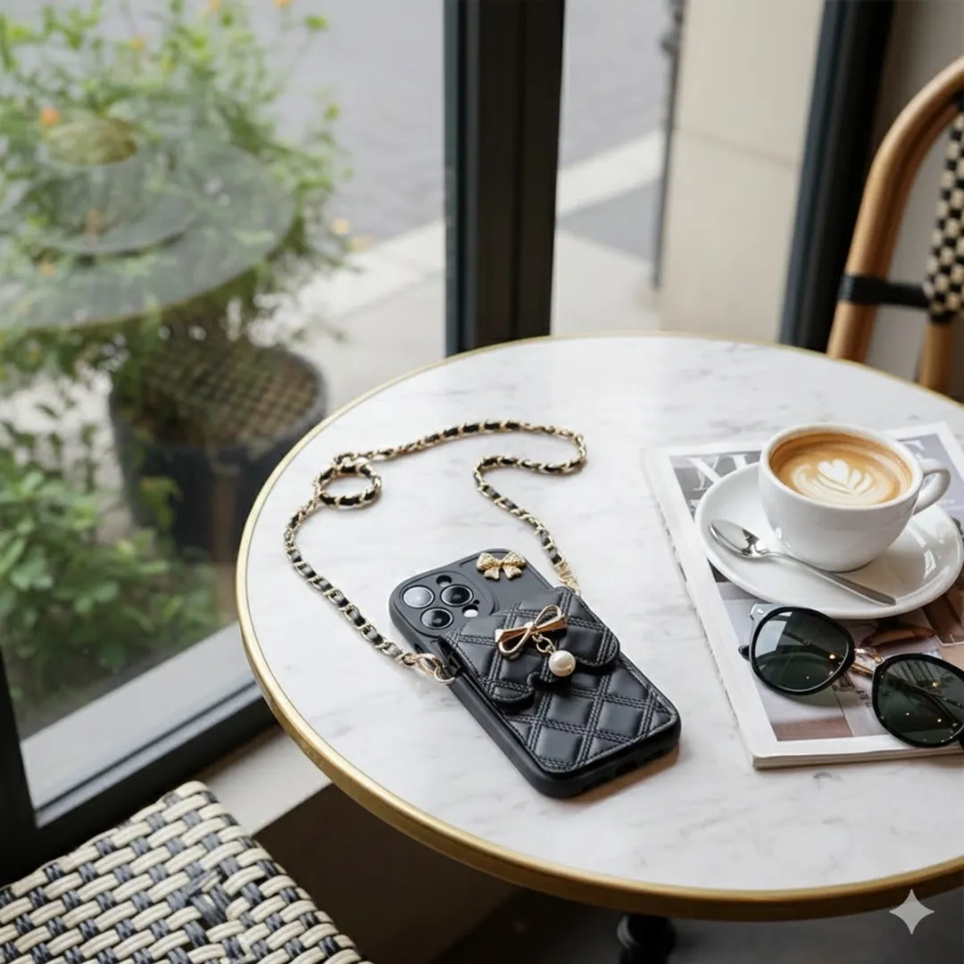 NUVEX iPhone 17 Pro Hoesje - Zwart - Luxe Lederlook met Goud Parels