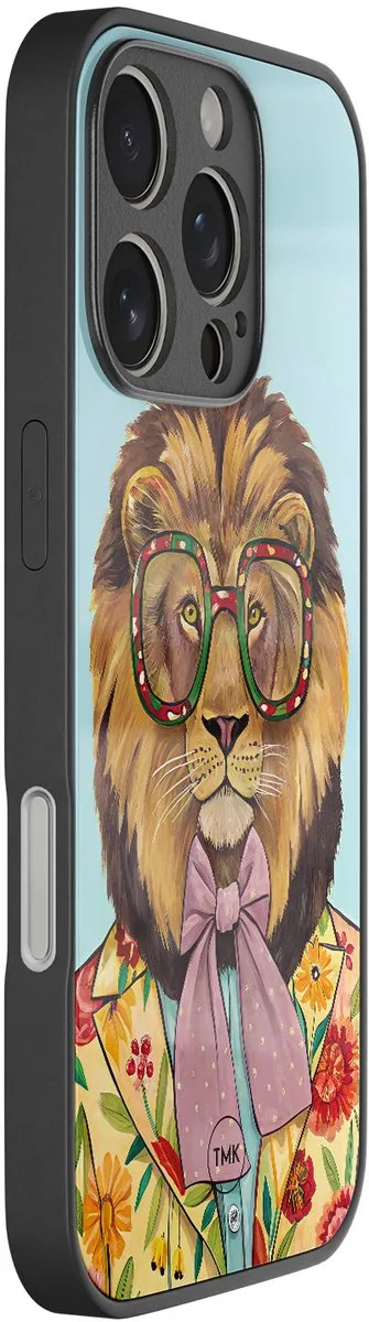 Casevibes iPhone 16 Pro Hoesje Retro Leeuw - Blauw - TPU Glossy