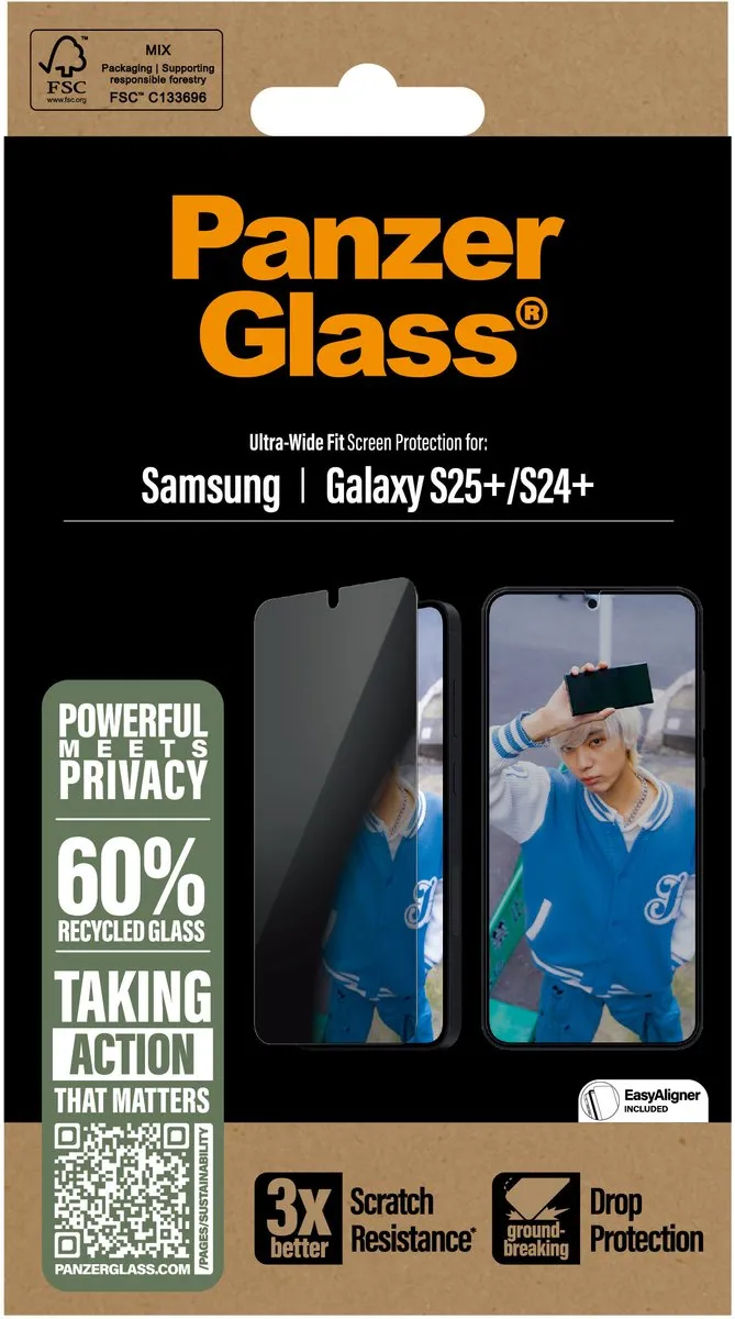 PanzerGlass Ultra-Wide Fit Privacy Screenprotector S25 Plus - Zwart