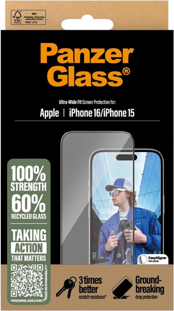 PanzerGlass Ultra-Wide Fit iPhone 16 Schermbeschermer - Case Friendly