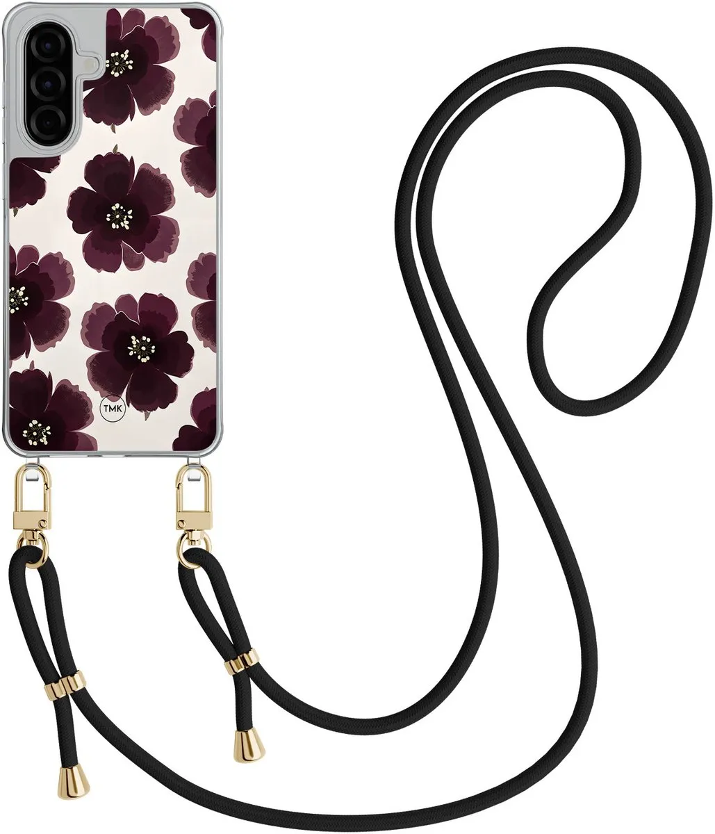 Casevibes A56 Telefoonhoesje - Paars Crossbody - Bloemen - Met Zwart Koord