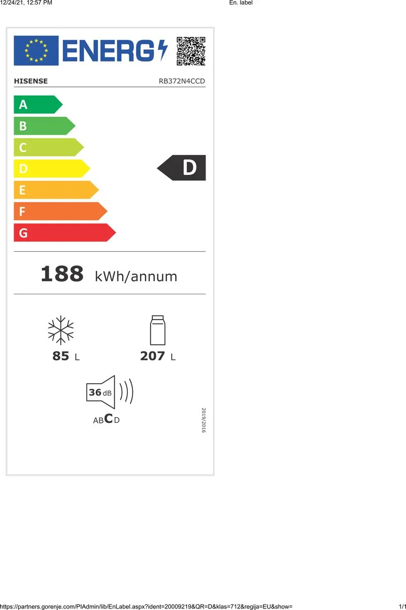 Hisense RB372N4CCD Vrijstaande Koel-Vriescombinatie 292L - D Energielabel