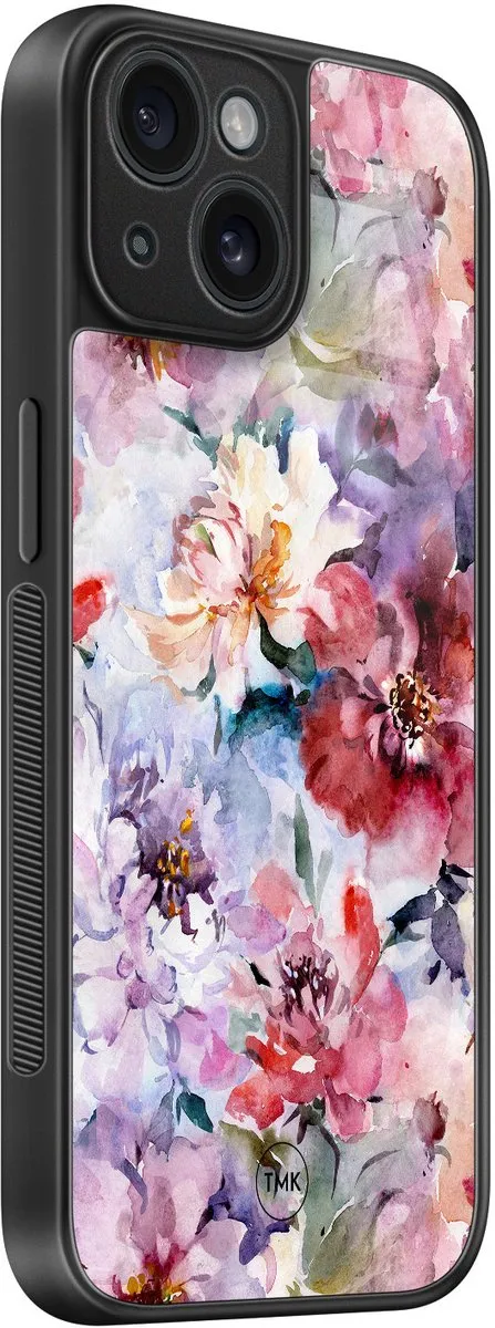 Casevibes iPhone 15 Hoesje - Paars Bloemen Acryl