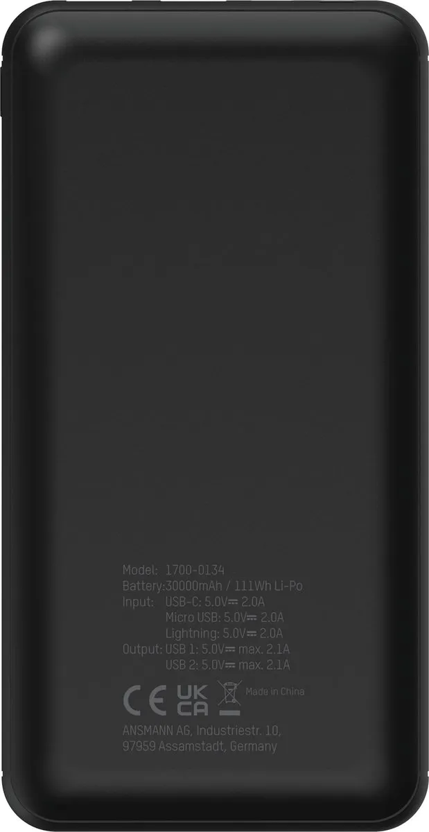 Ansmann Powerbank PB212 30.000mAh - 2x USB - Zwart