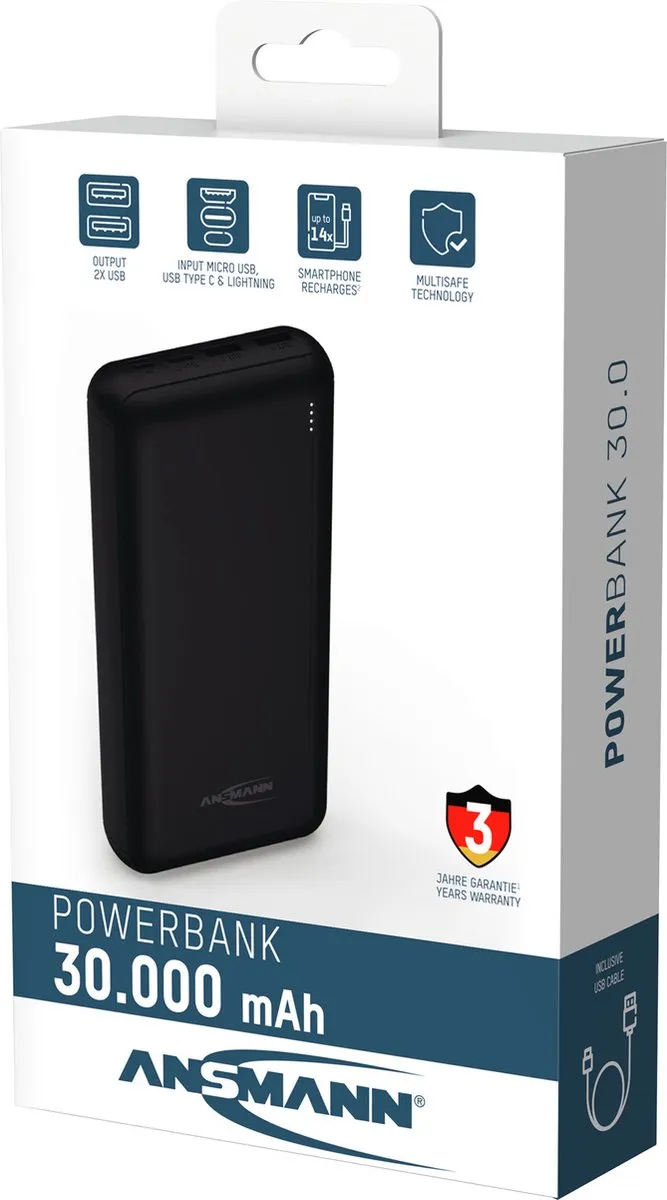 Ansmann Powerbank PB212 30.000mAh - 2x USB - Zwart