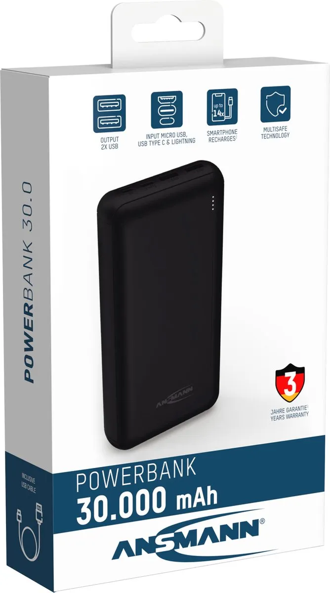Ansmann Powerbank PB212 30.000mAh - 2x USB - Zwart - afbeelding 6 van 6