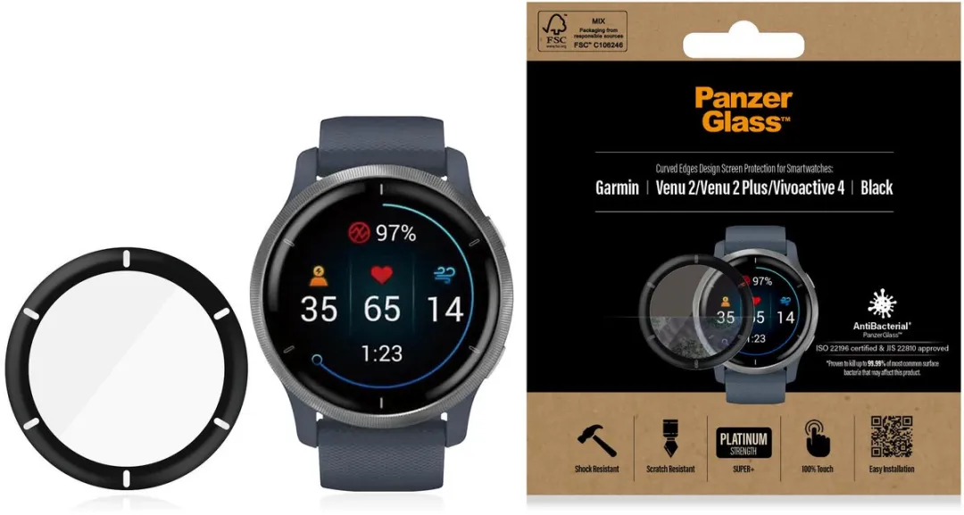PanzerGlass Garmin Venu 2/Venu 2 Plus/Vivoactive 4 Schermbeschermer - Antibacterieel - Transparant - afbeelding 4 van 6