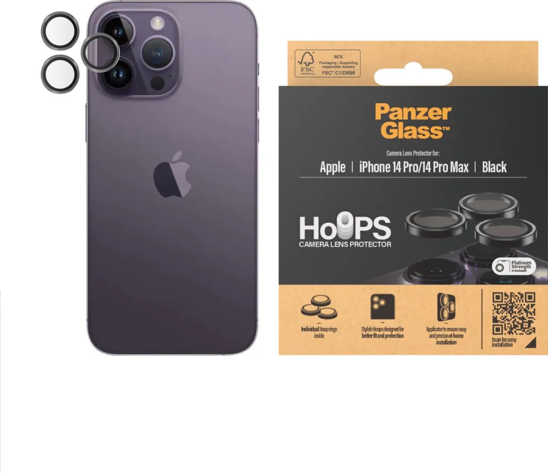 PanzerGlass Screenprotector geschikt voor Apple iPhone 14 Pro Max Glazen | PanzerGlass Hoops Camera Lens Protector - Case Friendly