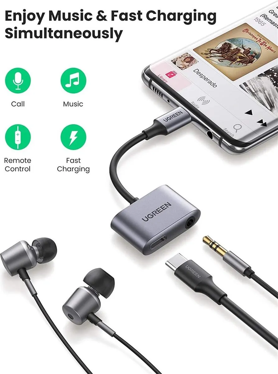UGREEN 60164 USB-C naar USB-C & 3.5mm Jack Audio Adapter met DAC - Zwart