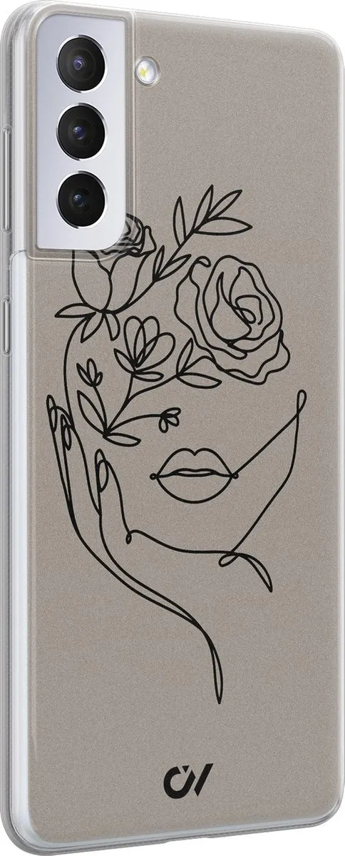 Casevibes Samsung Galaxy S21+ Hoesje - Oneline Face Flower - Grijs