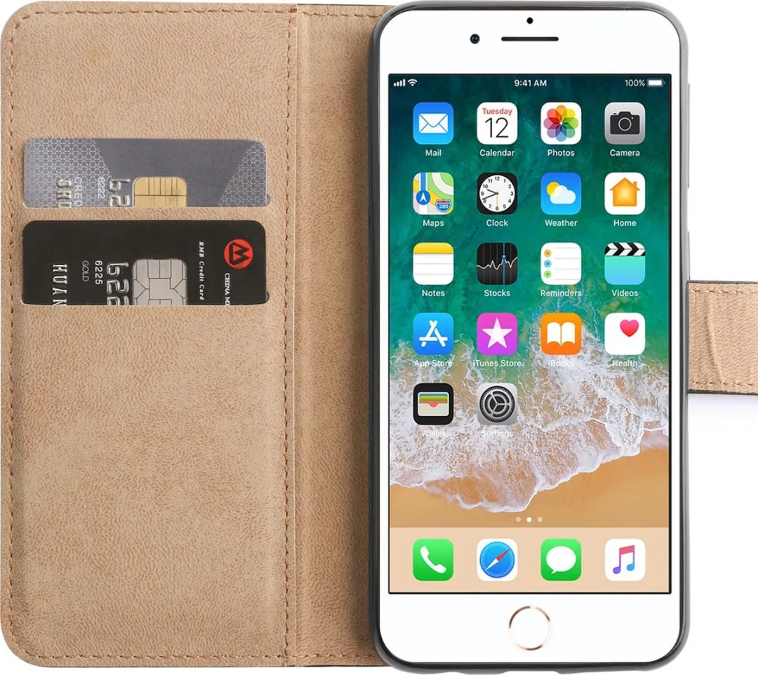 BMAX Leren Book Case iPhone 8 Plus - 2 Pasjes - Zwart