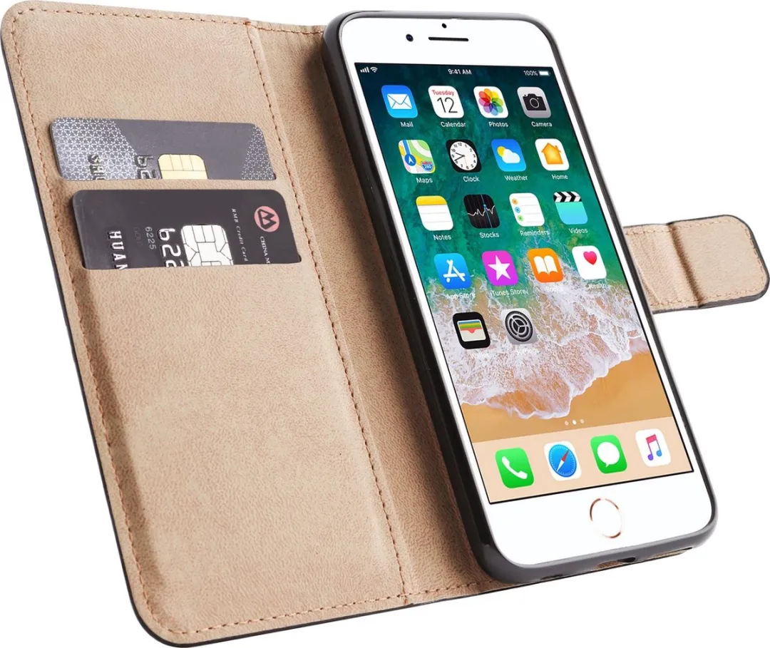 BMAX Leren Book Case iPhone 8 Plus - 2 Pasjes - Zwart