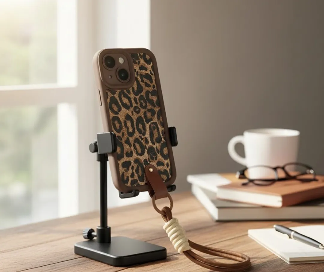 NUVEX iPhone 15 Hoesje - Bruin Luipaard Print - Met Koord