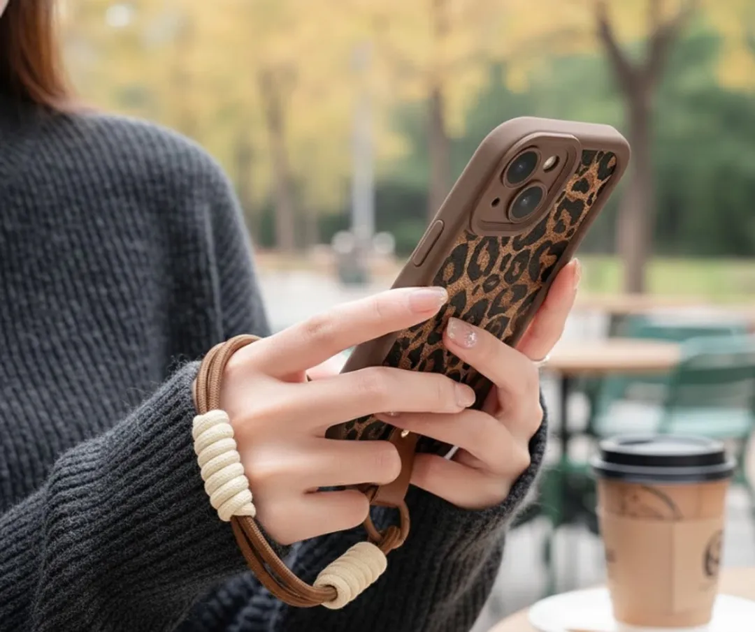 NUVEX iPhone 15 Hoesje - Bruin Luipaard Print - Met Koord