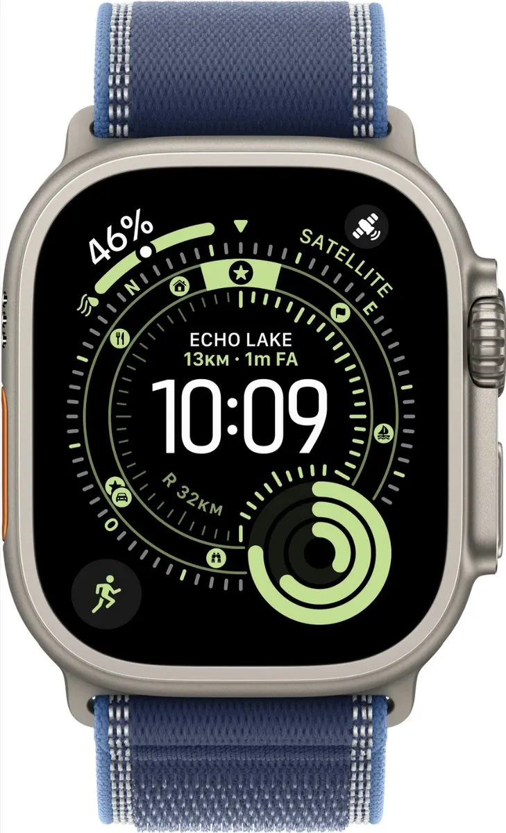 Apple Watch Ultra 3 49mm Natural Titanium Blauw Trail Loop - S/M