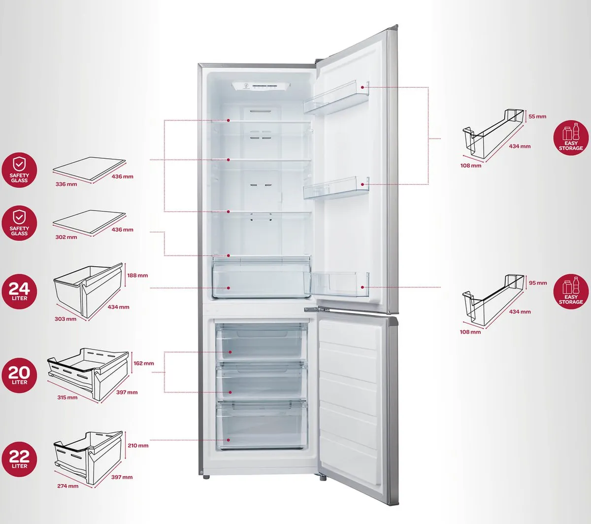 Inventum KV1808R No Frost energiezuinige koel-vriescombinatie - 180 cm hoog - 270 liter - Superkoelen - Supervriezen - Energielabel D - Vrijstaand - RVS