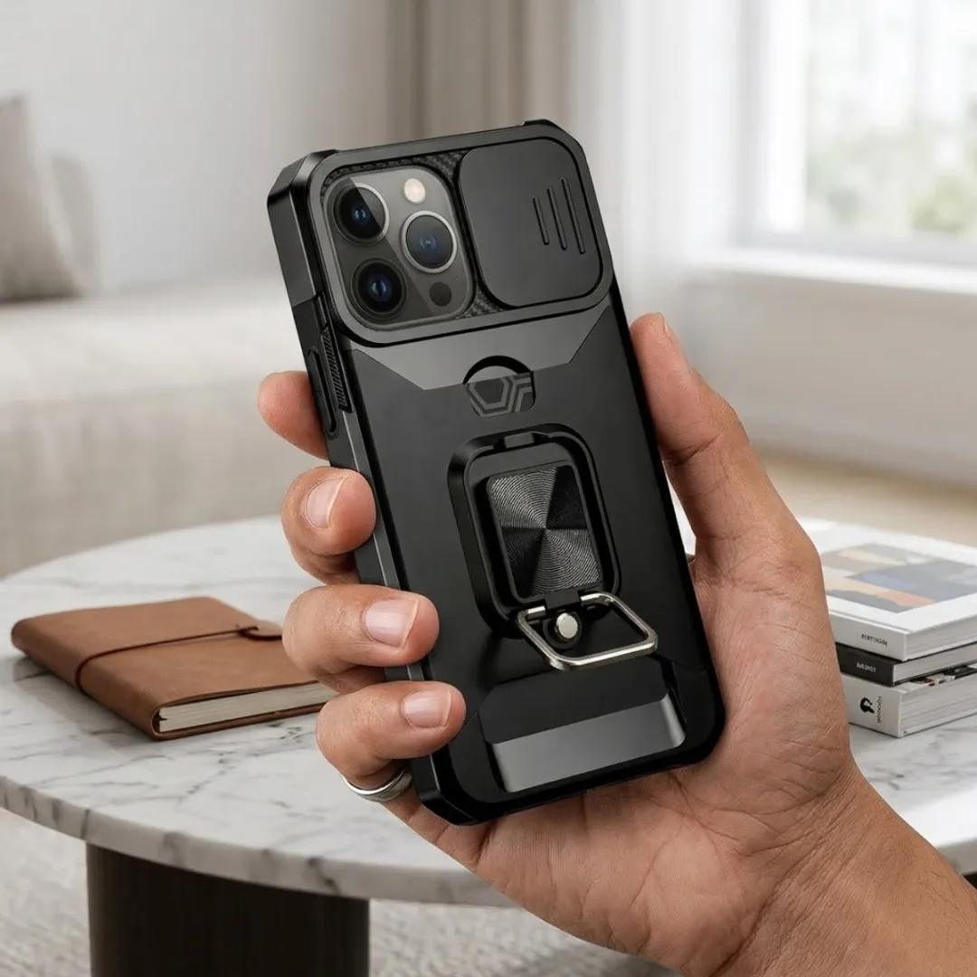 NUVEX iPhone 14 Pro Hoesje - Zwart - Schokbestendig met metalen standaard