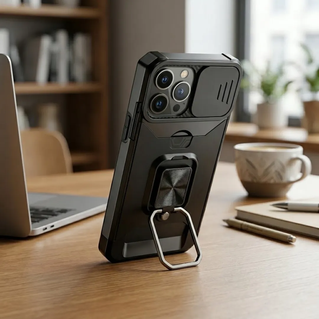 NUVEX iPhone 14 Pro Hoesje - Zwart - Schokbestendig met metalen standaard