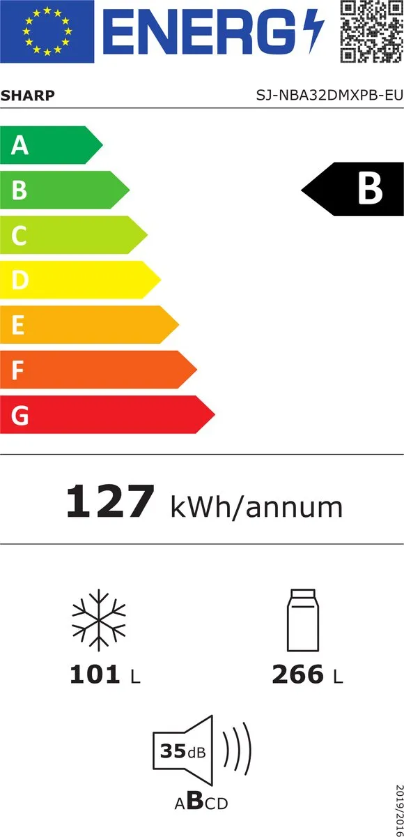 Sharp SJ-NBA32DMXPB-EU Koel- en vriescombinatie - Energieklasse B - Stille werking met slechts 35 dB - 266 liter koelkast en 101 liter vriezer
